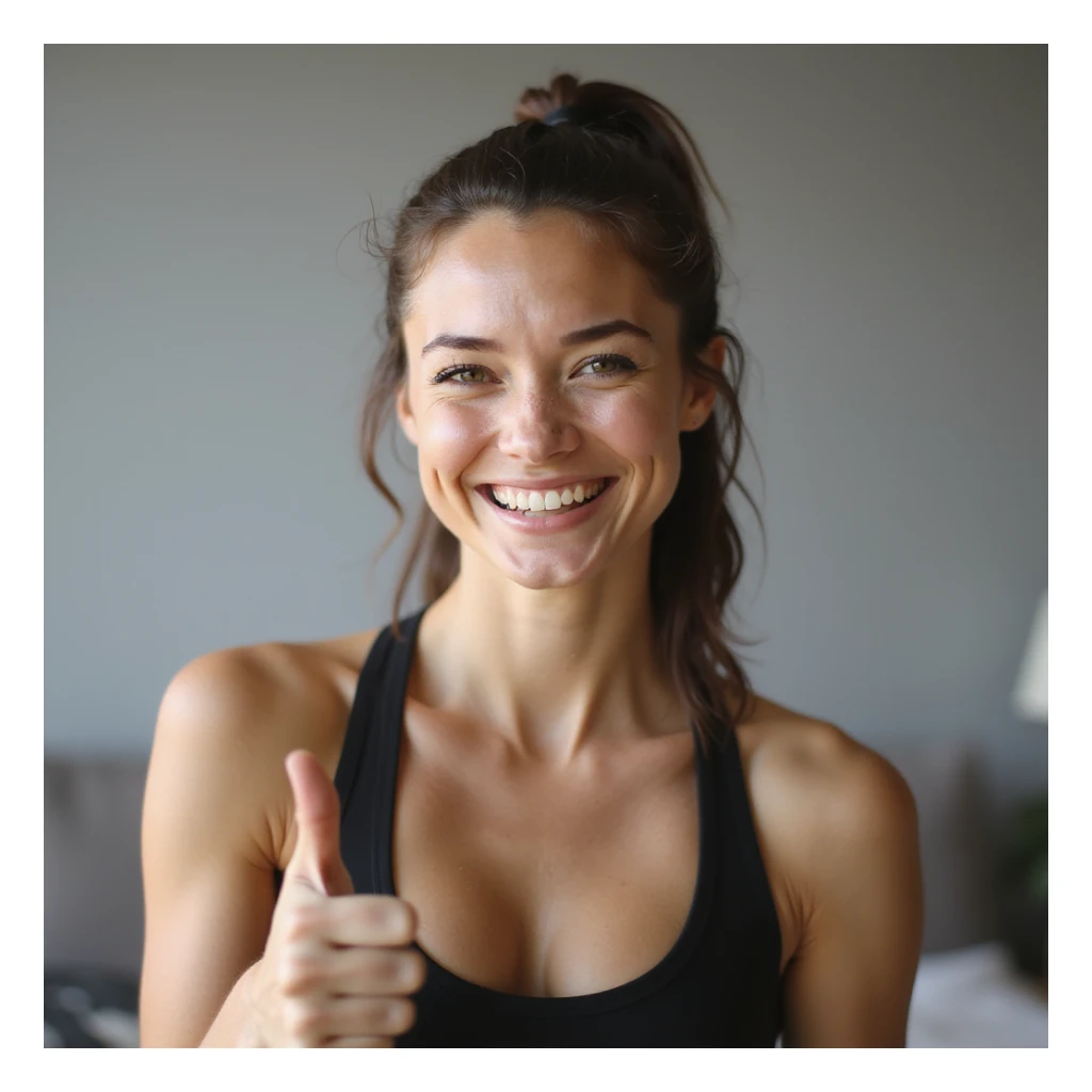 happy athletic toned woman smiling making thumbs up gesture with one hand, hyperrealistic details, 4K, natural light, neutral environment sticker