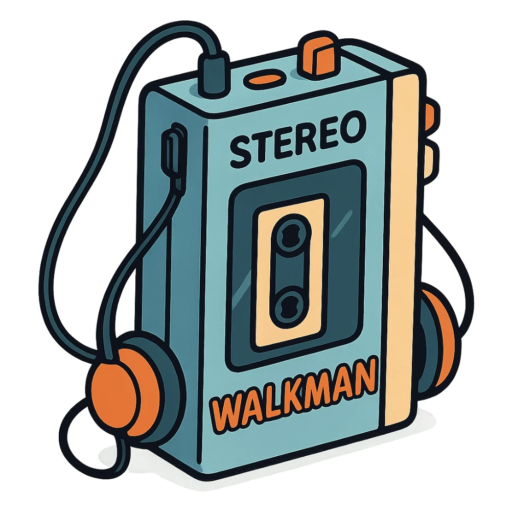 stereo walkman, playful cartoon style, exaggerated features, bright colors, thick outlines, isolated, no background sticker