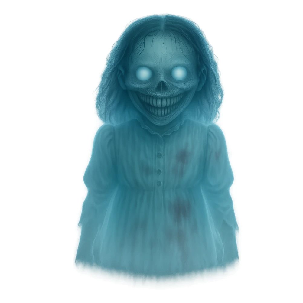 Transform the creepy girl into a ghost, make her semi-transparent, add ethereal glow and ghostly effects, keep the background transparent. sticker