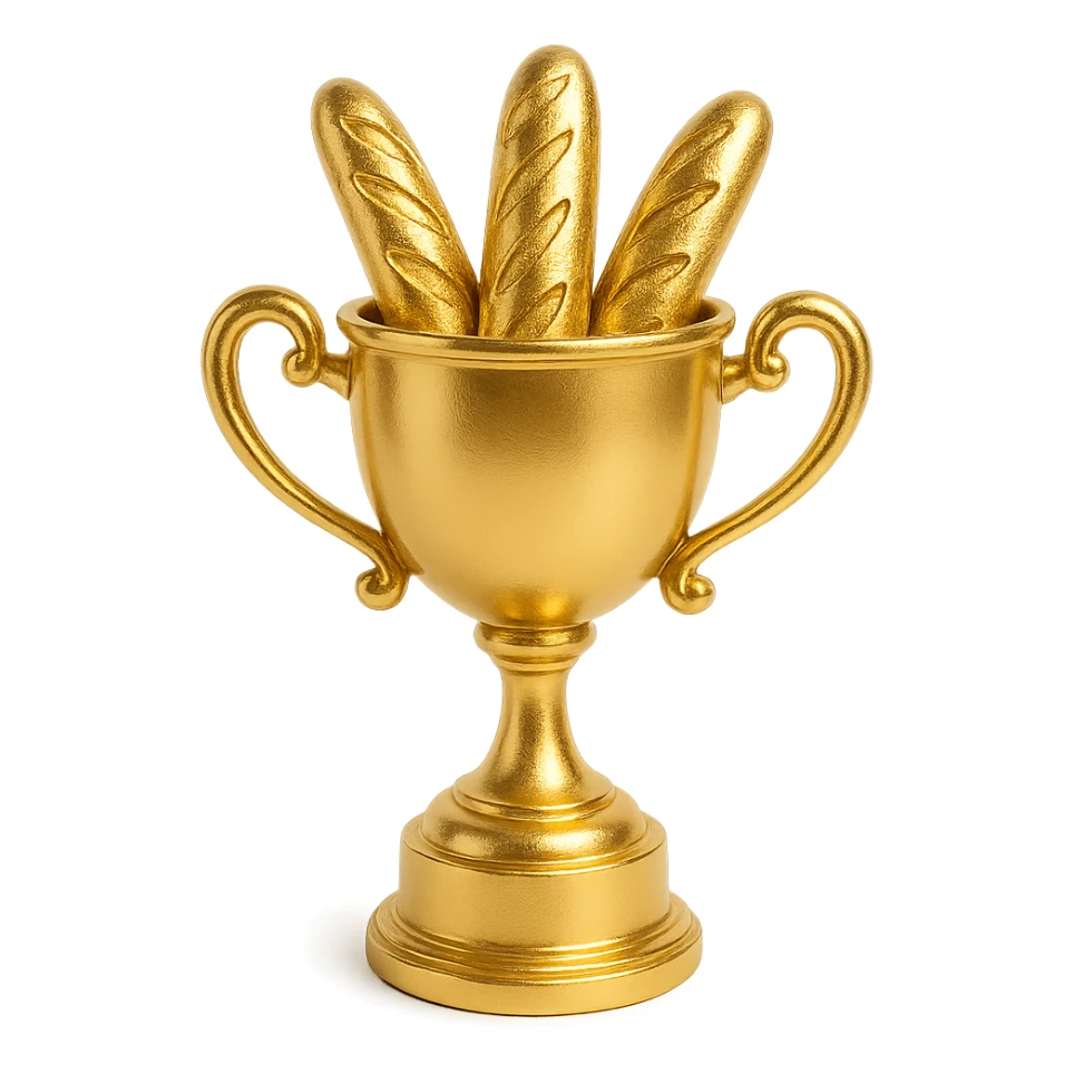 a trophy cup filled with baguettes, whimsical, gold, fun style sticker