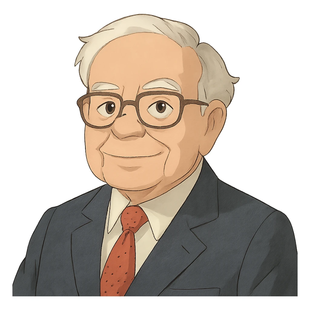 ghibli style portrait of Warren Buffett, friendly expression, glasses, suit sticker