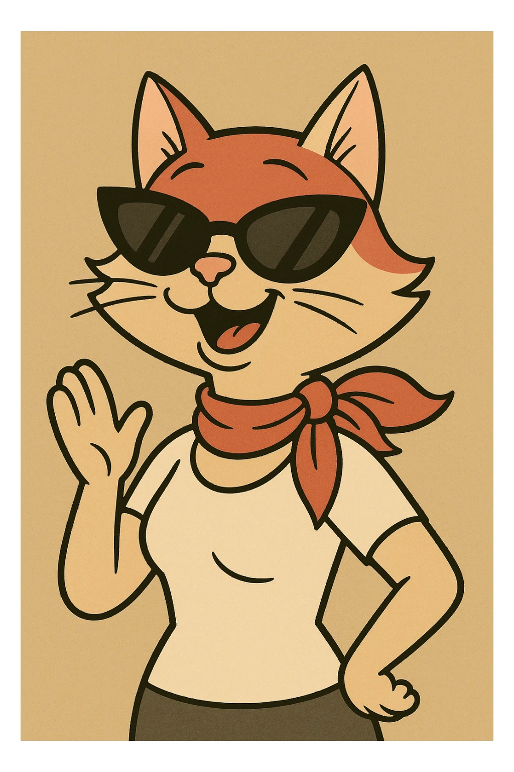 mrs. cat with sunglasses and a red scarf, cheerful expression, cartoon style sticker
