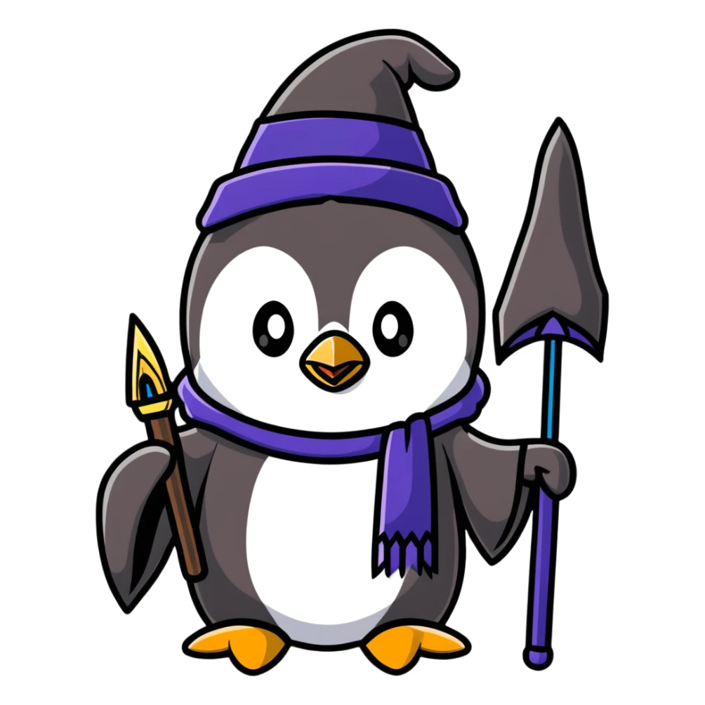 penguin with wizard hat and robe, holding a magic staff, magical sticker