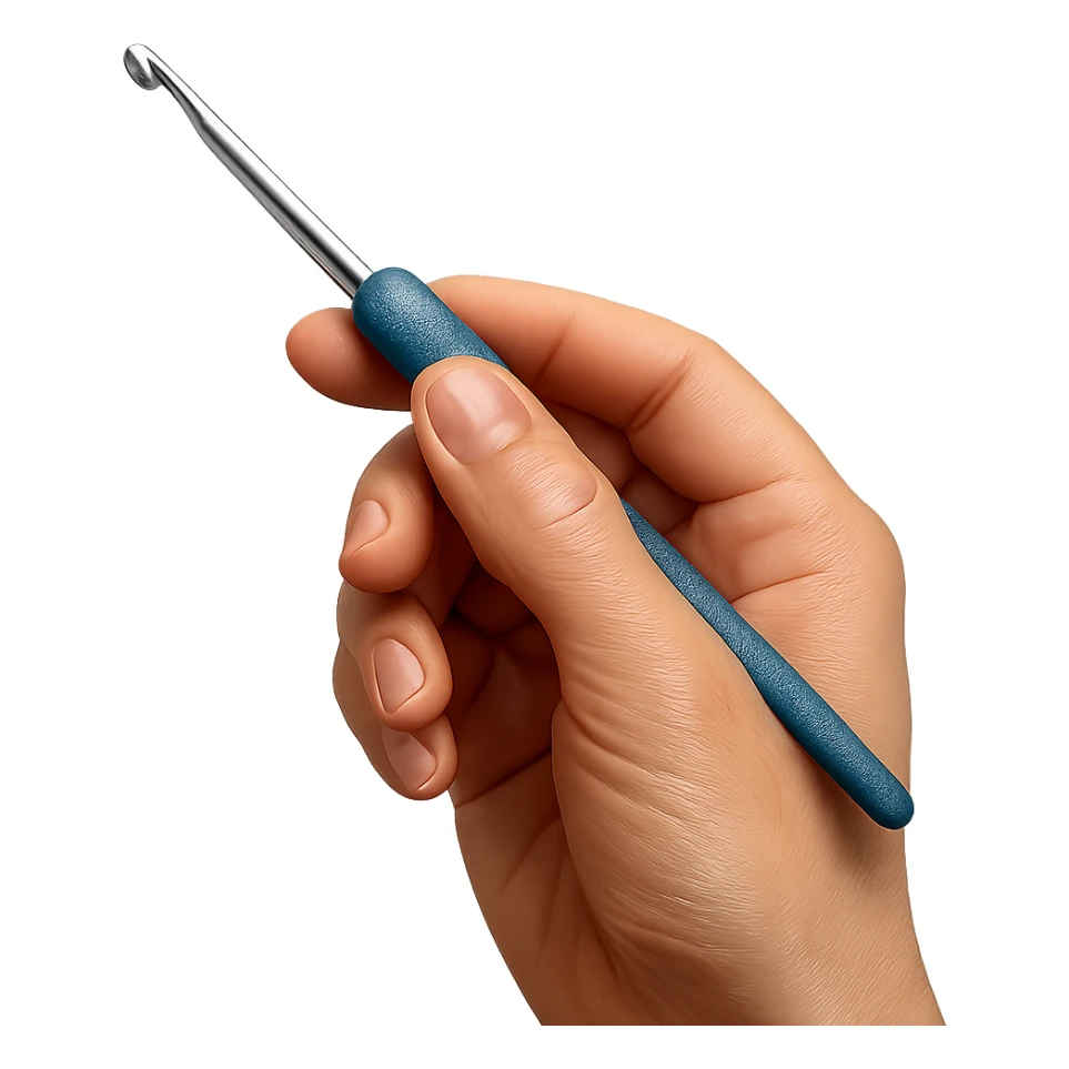 realistic crochet hook in hand, lifelike skin and metal sticker