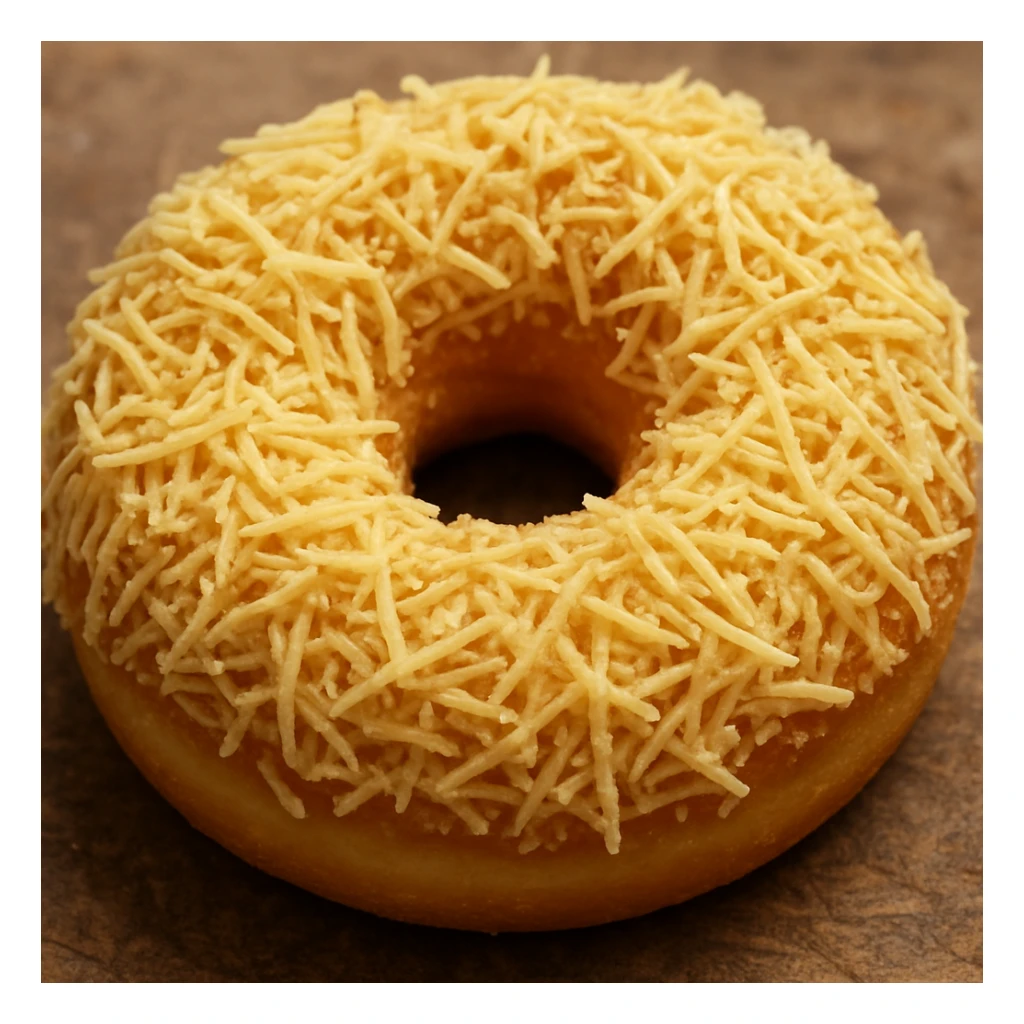 a donut with shredded cheese topping covering the entire surface, detailed, realistic sticker