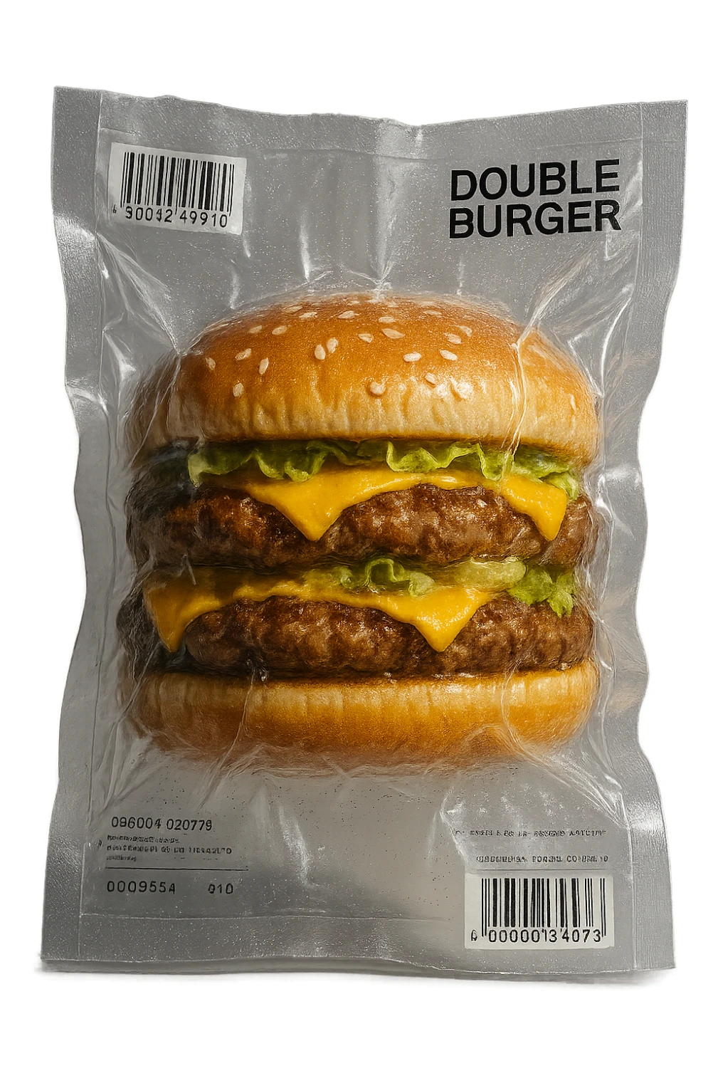 vacuum-sealed double burger, compressed and shiny sticker