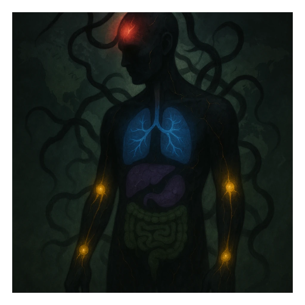 semi-realistic, moody human silhouette with colored auras around organs (red: emicrania, blue: asma, yellow: artrite, green: colite, viola: cirrosi), dark worm-like forms, glowing cracks, green mist, world map sticker