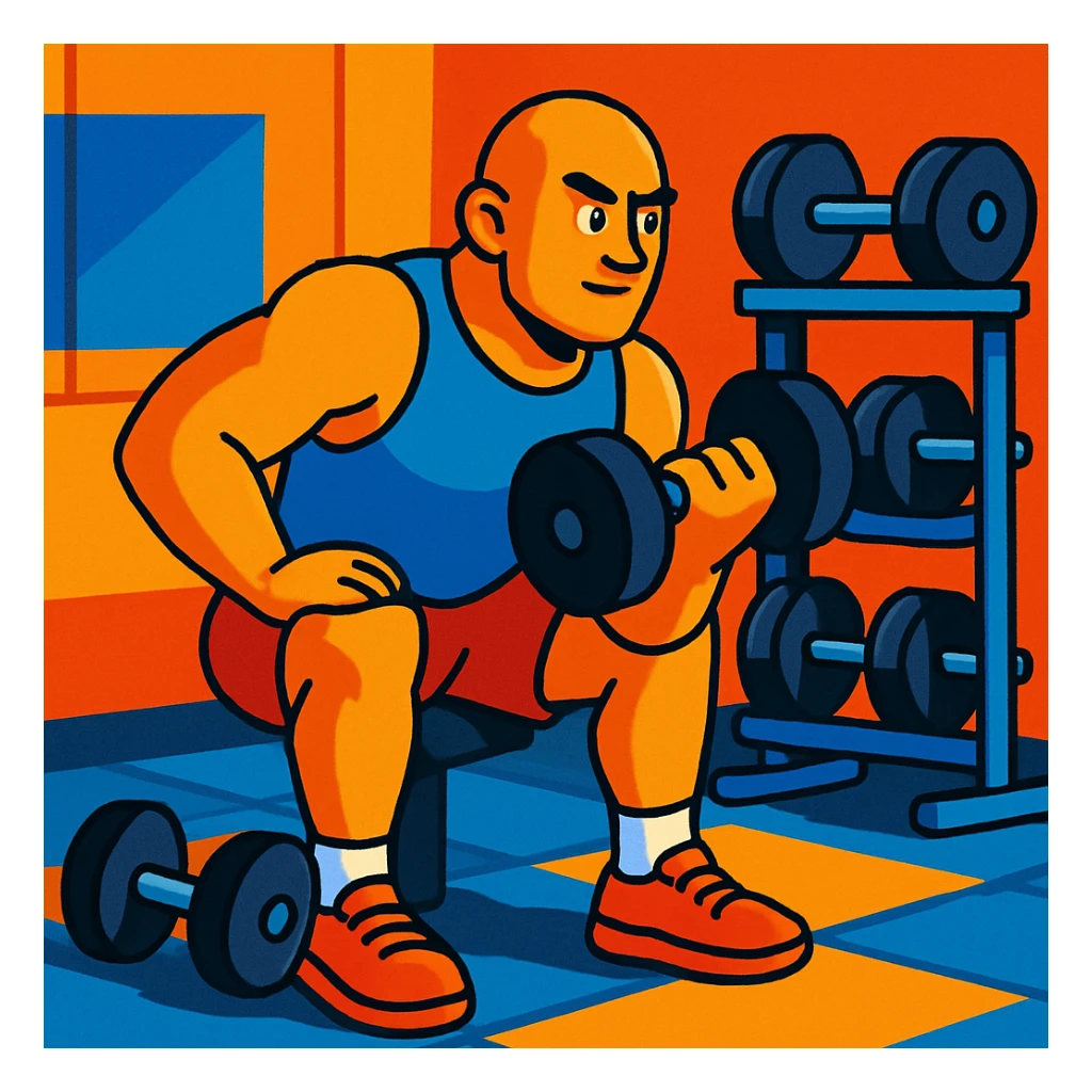 bald man lifting weights in gym setting, vibrant cartoon style sticker