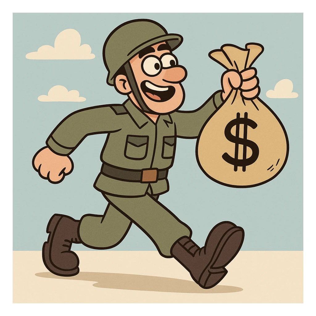playful cartoon soldier walking with a money bag sticker