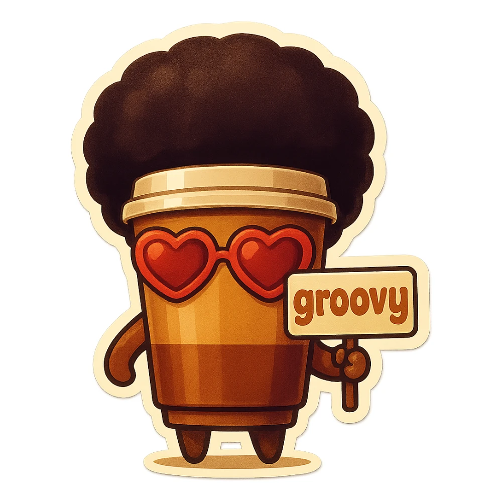 Tall coffee cup, no mouth, afro, heart glasses, holding sign "groovy" sticker