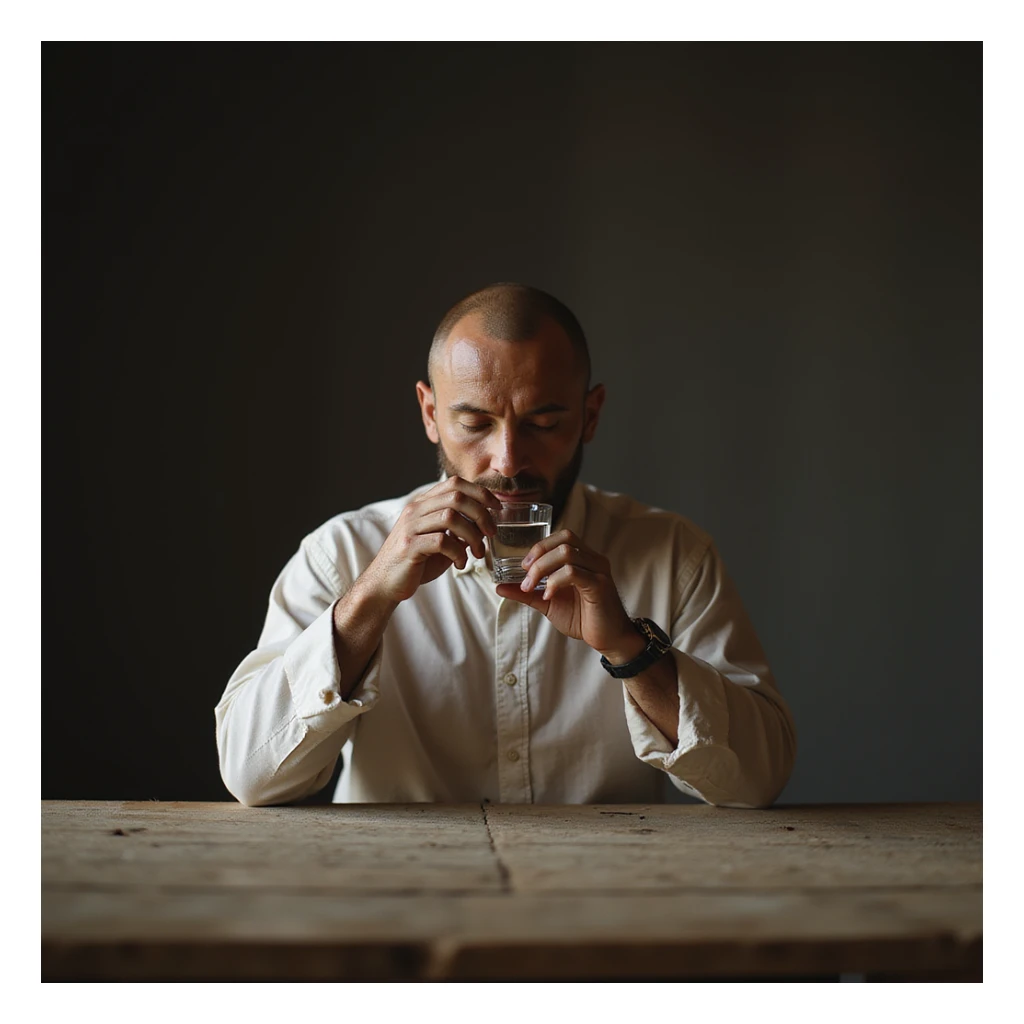 Hyperrealistic 4K image of a man sipping water during 23-hour fast, empty table, Zen atmosphere, serene expression, detailed facial features reference. sticker