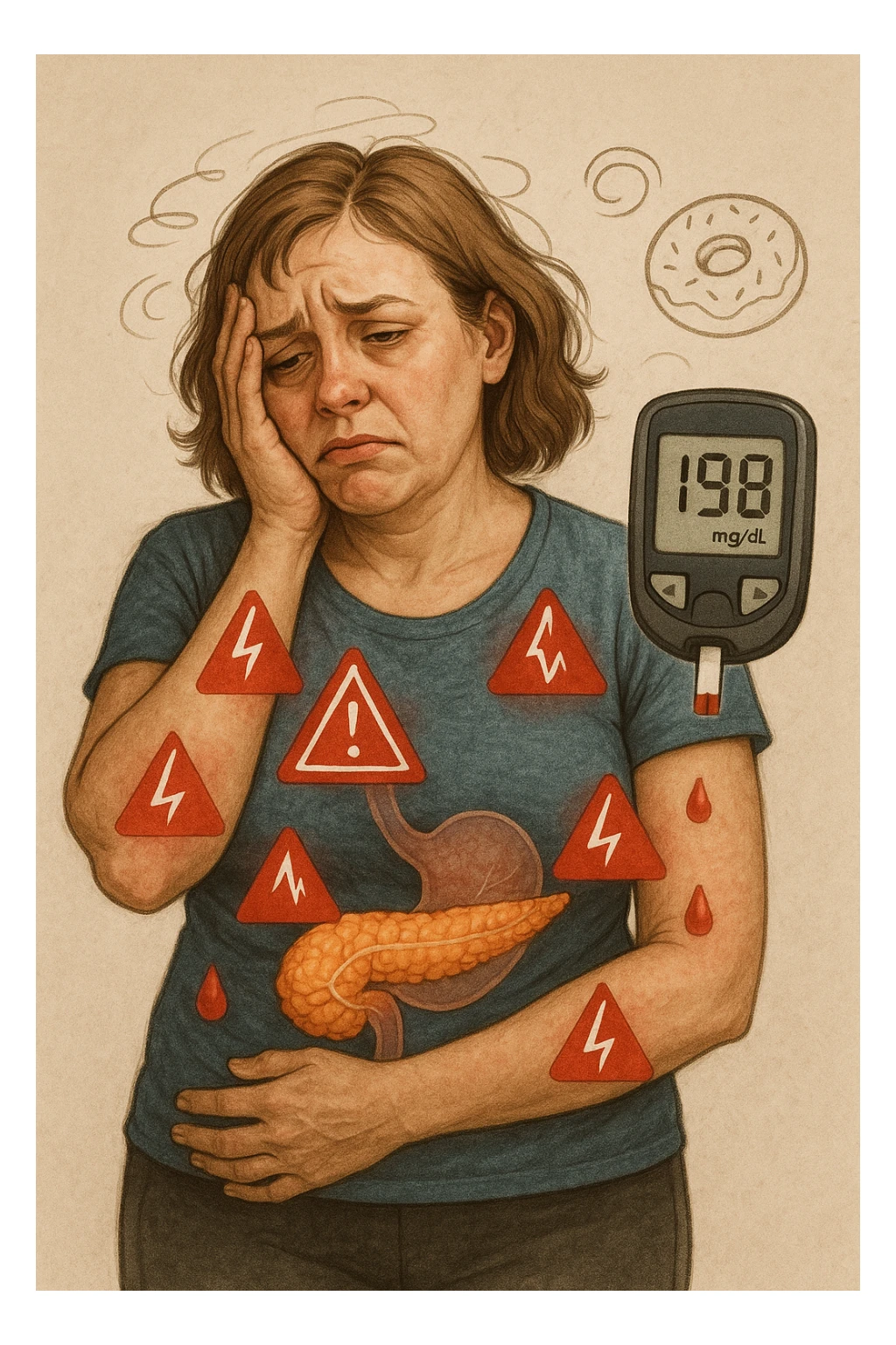 "Woman struggling with worsening insulin sensitivity, blood sugar spikes visualized as red warning signals throughout her body, expression of energy crashes and sugar cravings, pancreas working overtime shown in transparent overlay, pre-diabetic progression despite dietary efforts, metabolic syndrome symptoms accumulating, glucose meter showing increasingly concerning readings" scritte in italiano sticker