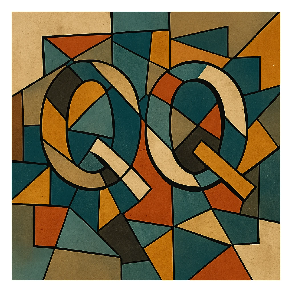 cubist abstraction icon featuring the text 'QQ', fragmented and colorful sticker