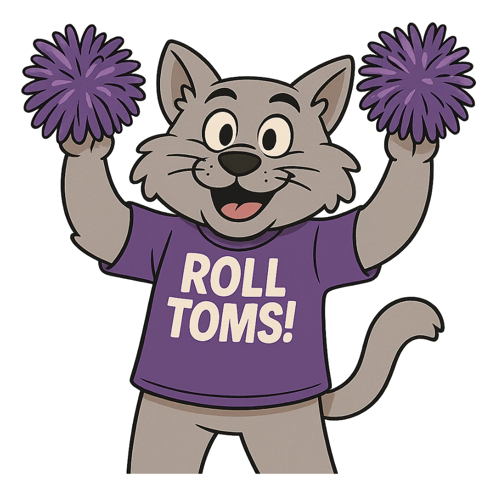 Make Tommie the Tomcat look more cartoonish, cheering with pom-poms, keeping the purple t-shirt with 'Roll Toms!' text, no background. sticker