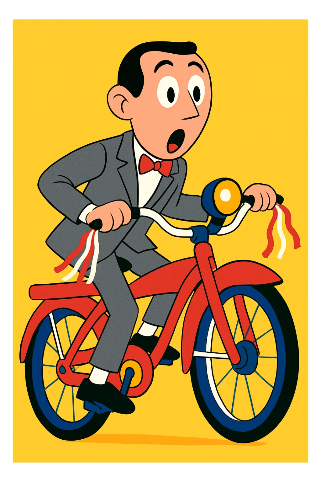 Pee-wee Herman on a red bicycle, surprised face, streamers on handlebars, vibrant toon style sticker