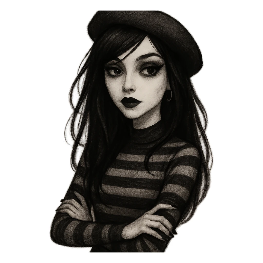 emo girl with heart-shaped face, beret, striped sweater, mysterious and elegant sticker