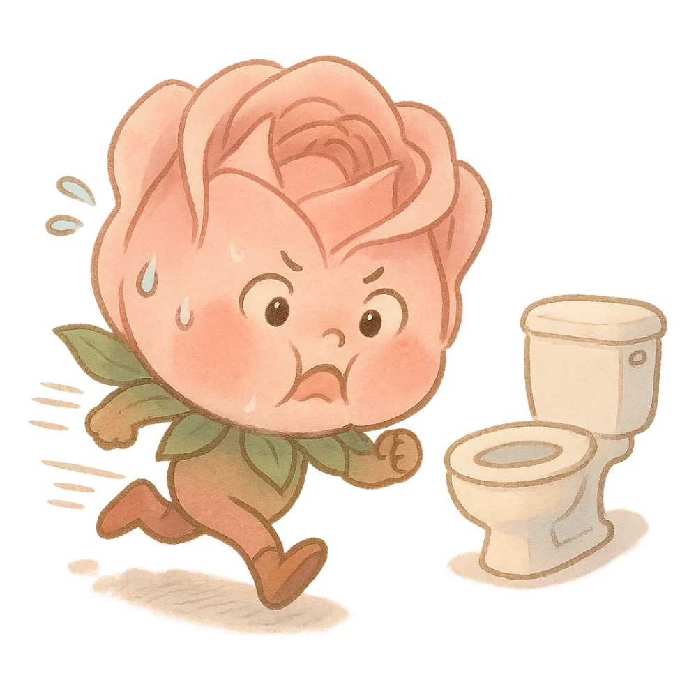 soft pink rose flower with puffed cheeks making a panicked toilet run, eyes bulging, legs dashing, pastel tones, chibi round shape, soft Ghibli style sticker