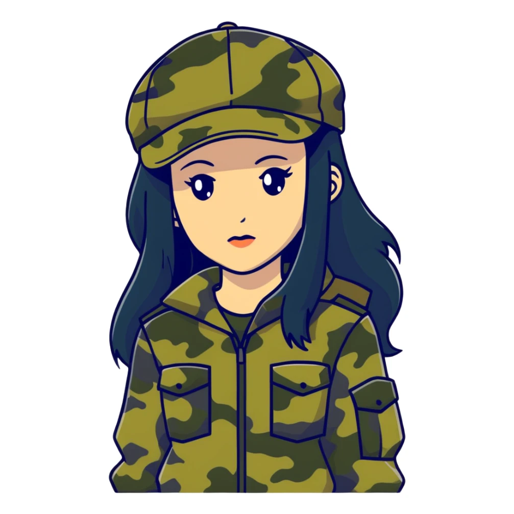 woman with long black hair in camouflage outfit wearing IC daddy cap sticker