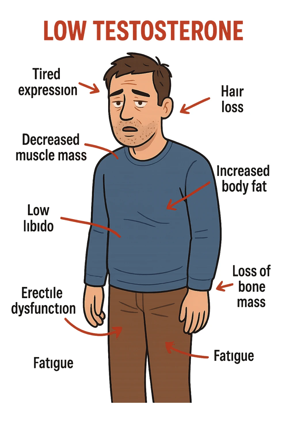  un uomo con espressione affaticata, circondato da frecce rosse che evidenziano sintomi di testosterone basso. frecce rosse sticker
