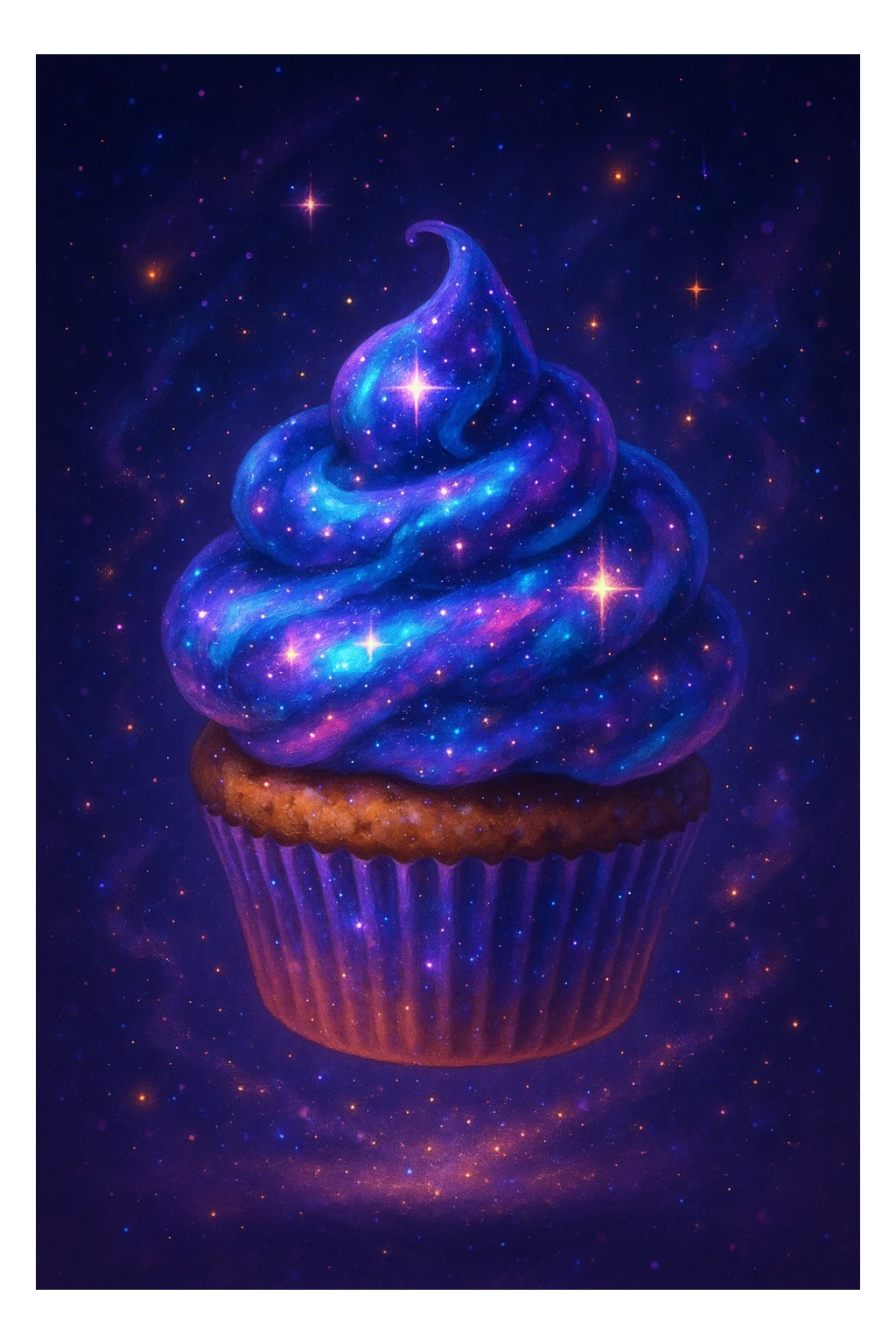 enchanting cupcake with cosmic galaxy icing, floating gently, surrounded by stardust, magical and cute sticker