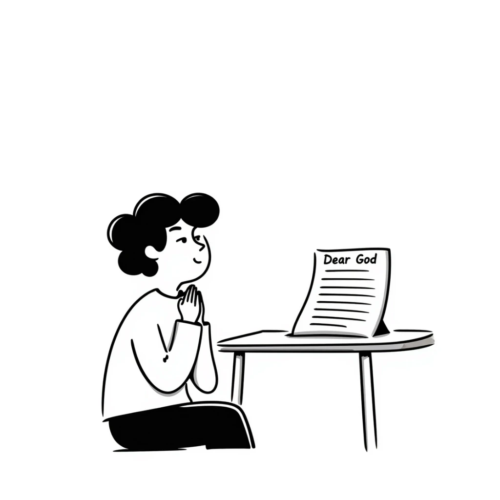 Person with prayer hands next to a paper that clearly shows "Dear God" written at the top of an essay sticker
