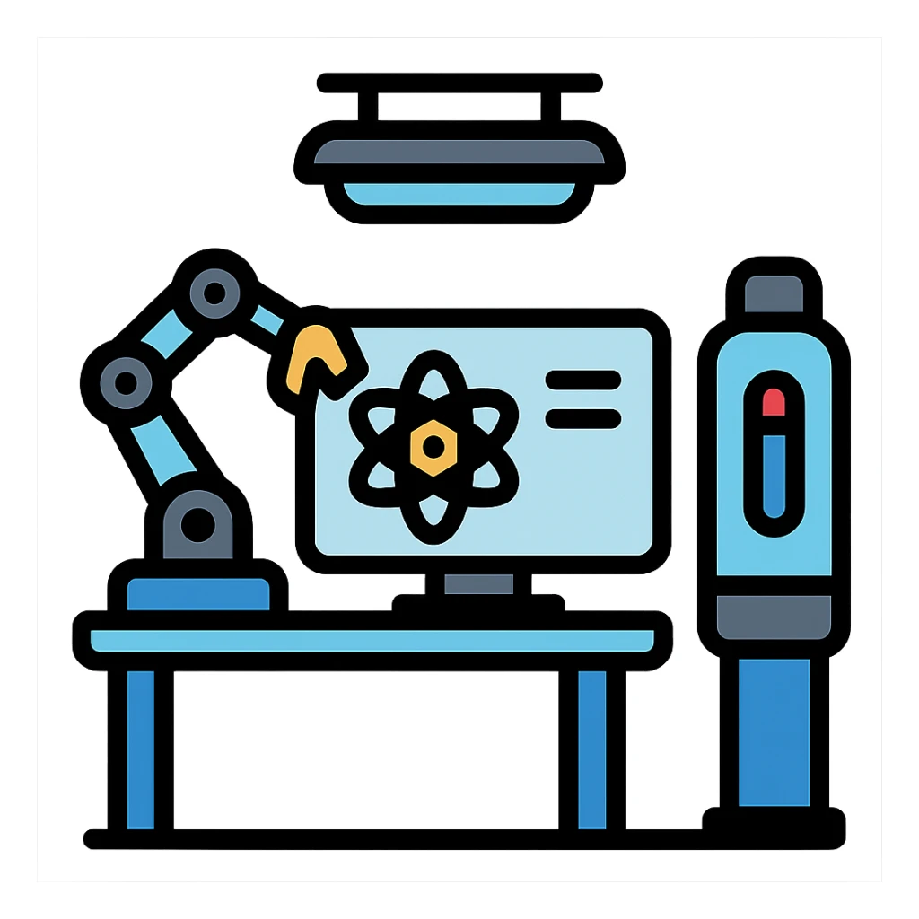 modern tech lab with futuristic equipment, clean lines, blue accents sticker