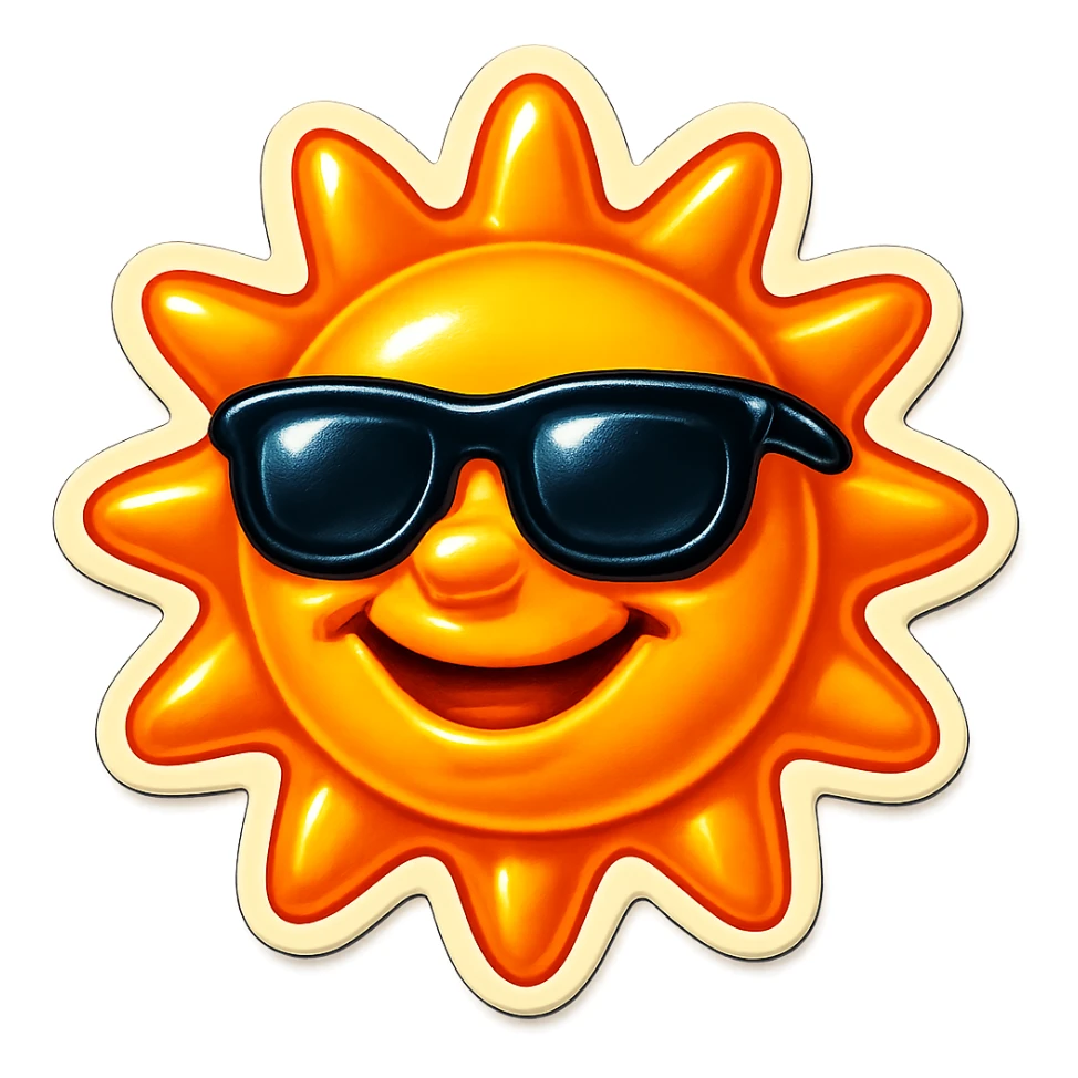 a smiling sun with sunglasses, retro sticker style sticker