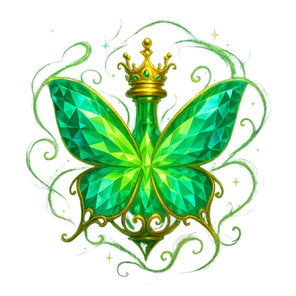 Surround the butterfly with elegant, swirling magical sparkles and glowing effects inspired by luxury elixir bottles. Do not change the butterfly itself, only add magical, floating, iridescent sparkles and glowing energy around it. Transparent background, no shadow or base. sticker