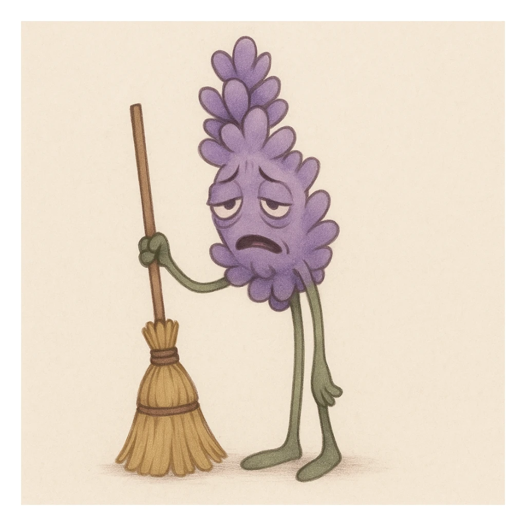 soft purple lavender flower holding a broom, looking extremely fatigued sticker