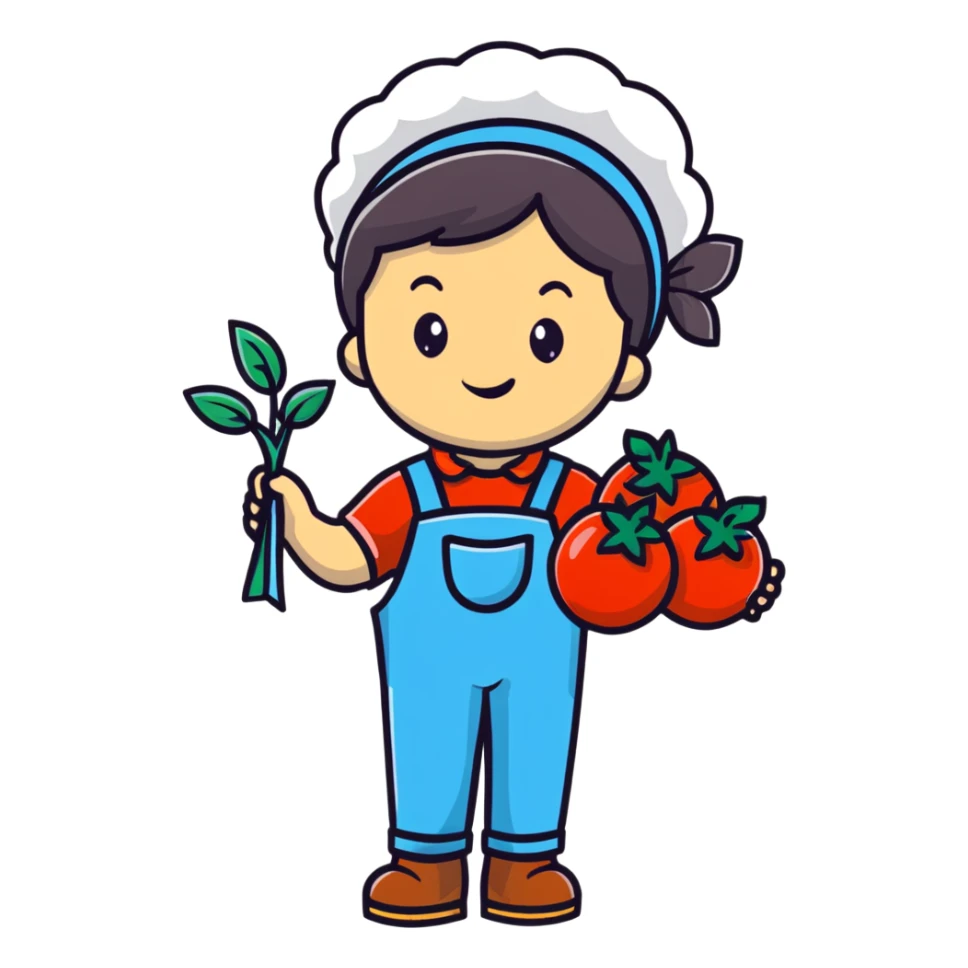 Child gardener with ribbon and prize tomatoes sticker