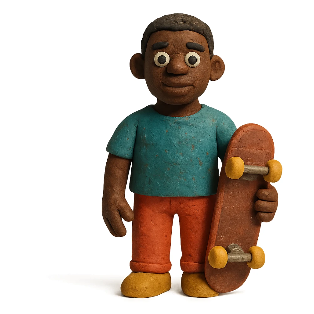 matte plasticine claymation style black man holding a skateboard sticker