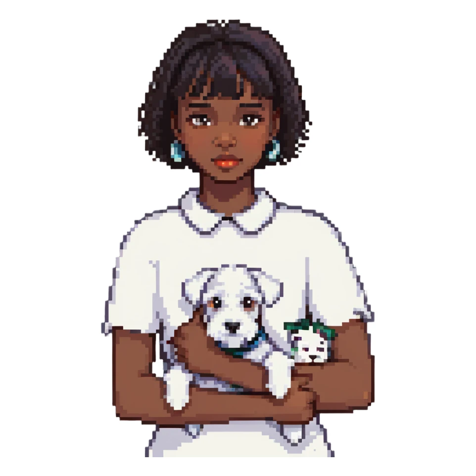 Black girl with short bangs holding a white schnauzer dog sticker