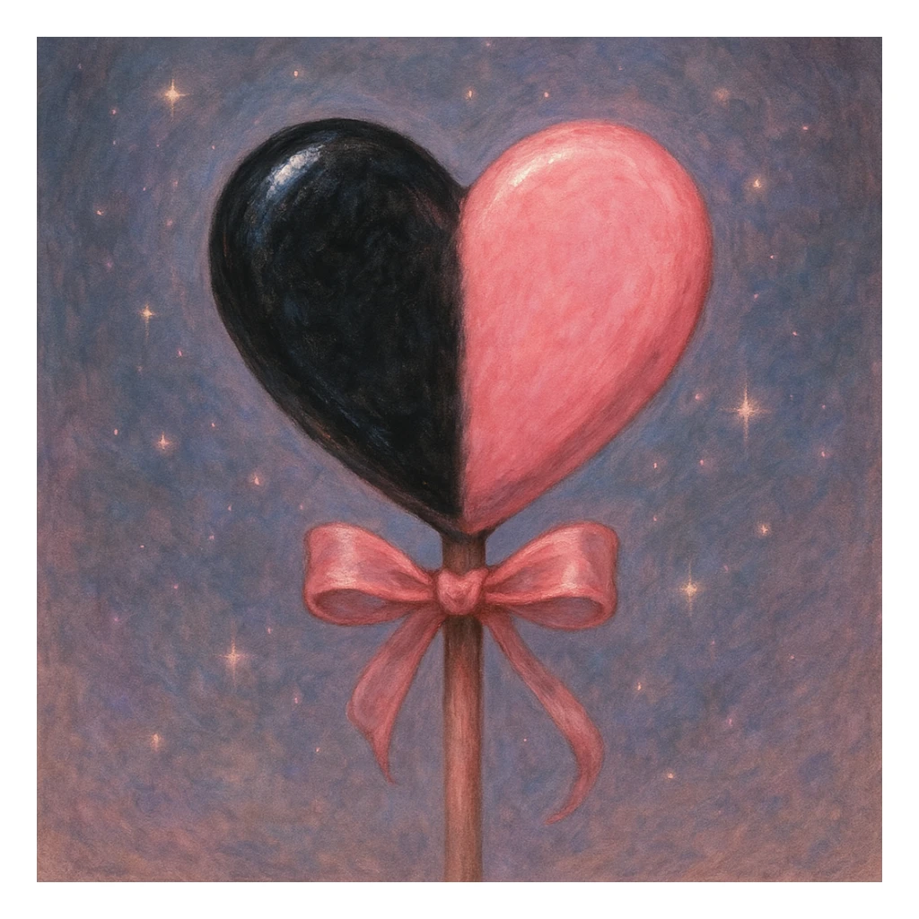 heart-shaped lollipop in black and pink, Ghibli style, soft painterly look, magical atmosphere, inspired by BLACKPINK sticker