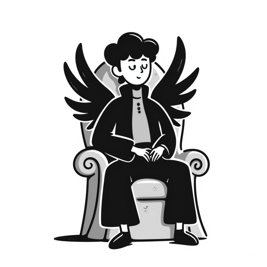 male fallen angel sitting on a throne at the top, looking down, doodle style sticker