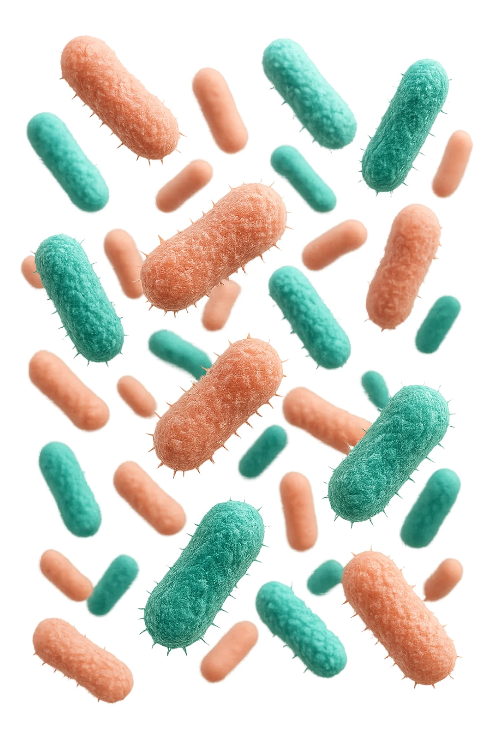 batteri intestinali rosa salmone e turchesi fluttuano in aria, iperrealistici 4k sticker