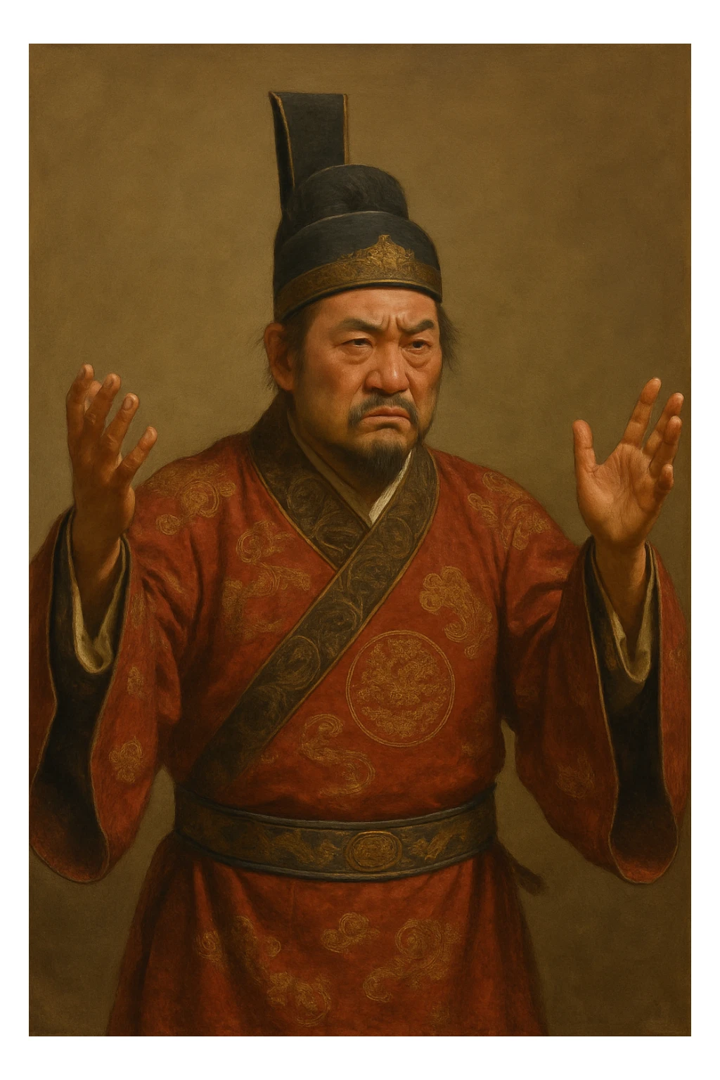 Сгенерируй азиата в национальном средневековым китайском костюме, он чуть недоволен и размахивает руками, в стиле реалистичной живописи. ОН ПОЛНОСТЬЮ ПОМЕЩАЕТСЯ НА ИЗОБРАЖЕНИЯ И НЕ ОБРЕЗАЕТСЯ ЕГО КРАЯМИ. На однородном фоне sticker