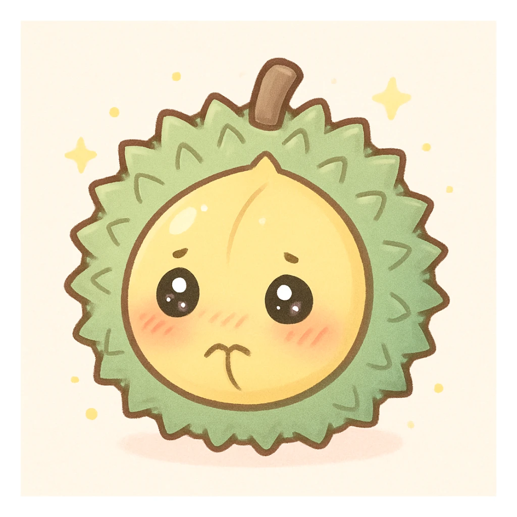 chibi round durian character, green spiky shell, yellow flesh, blushing, shy, sparkly eyes, pastel palette sticker