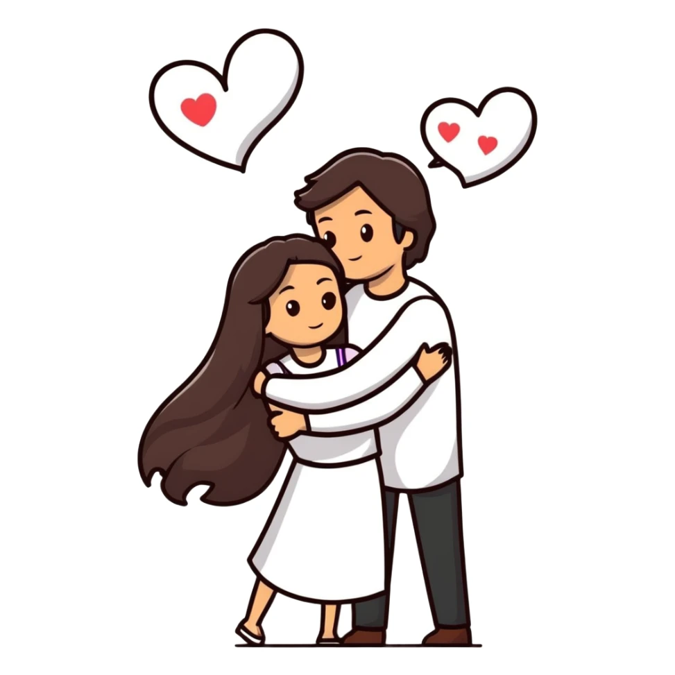 A couple embracing each other. The man has mestizo skin tone, slightly long dark brown straight hair. The woman has light skin, long dark brown hair. White hearts floating around them. sticker