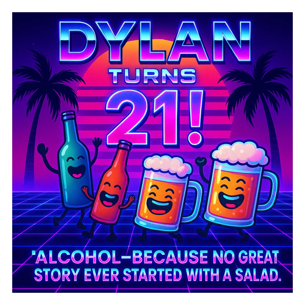 Completely change the style to vaporwave: neon colors, retro 80s grid, palm trees, synthwave sunset, chrome text, and keep the funny drink quote. Make it look digital and bold. sticker