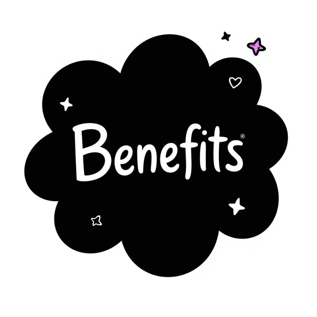 The word "Benefits" hand-drawn in white text with a dark background and just a few colorful accents. Simple doodle style with minimal decoration. sticker