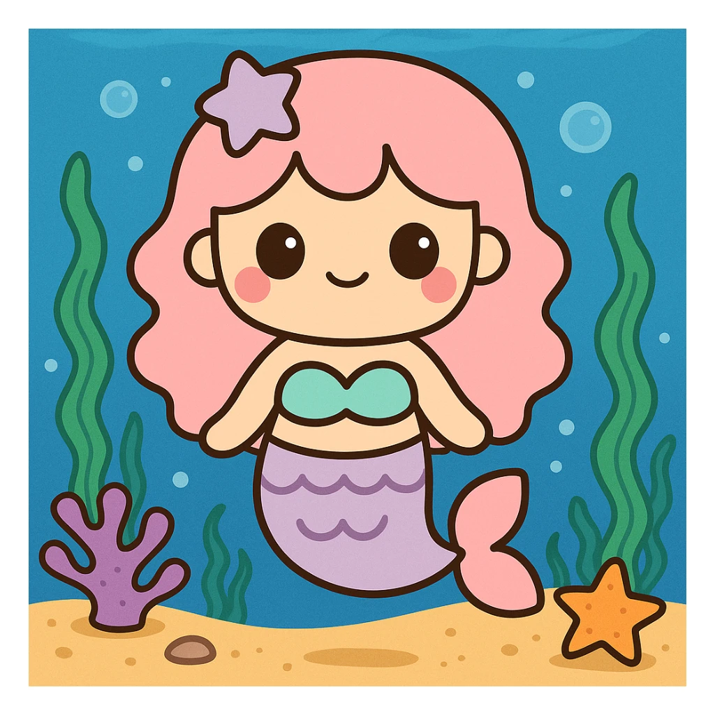 Add an underwater themed background to the pink-tailed mermaid while preserving the cute and colorful style. sticker