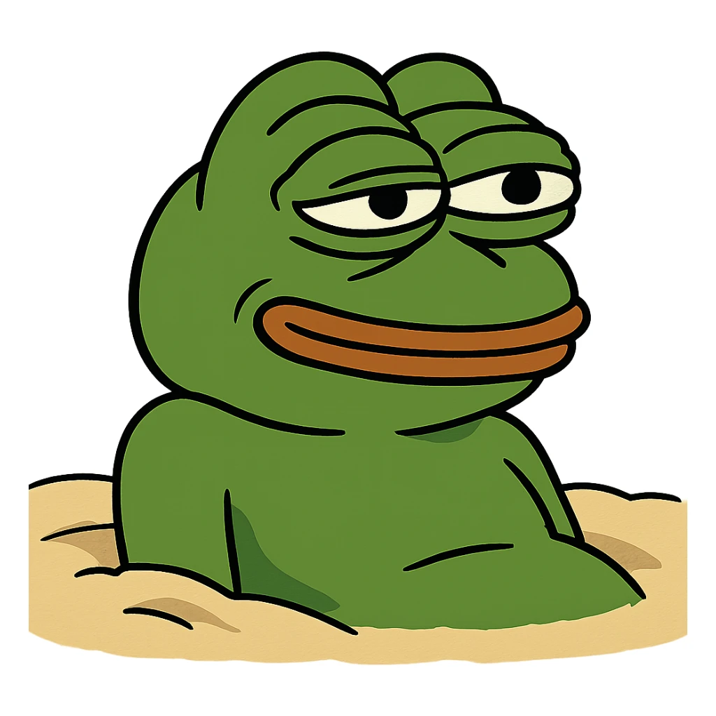 3D Pepe the Frog resting on the sand at the beach, transparent background, PNG sticker