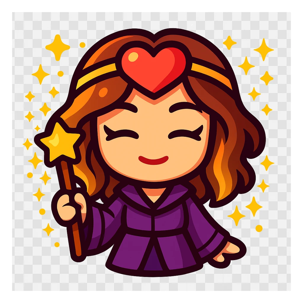 Transform this person into a cute chibi-style sorceress emoji with a heart-shaped headband and sparkly magical aura. Vibrant colors sticker