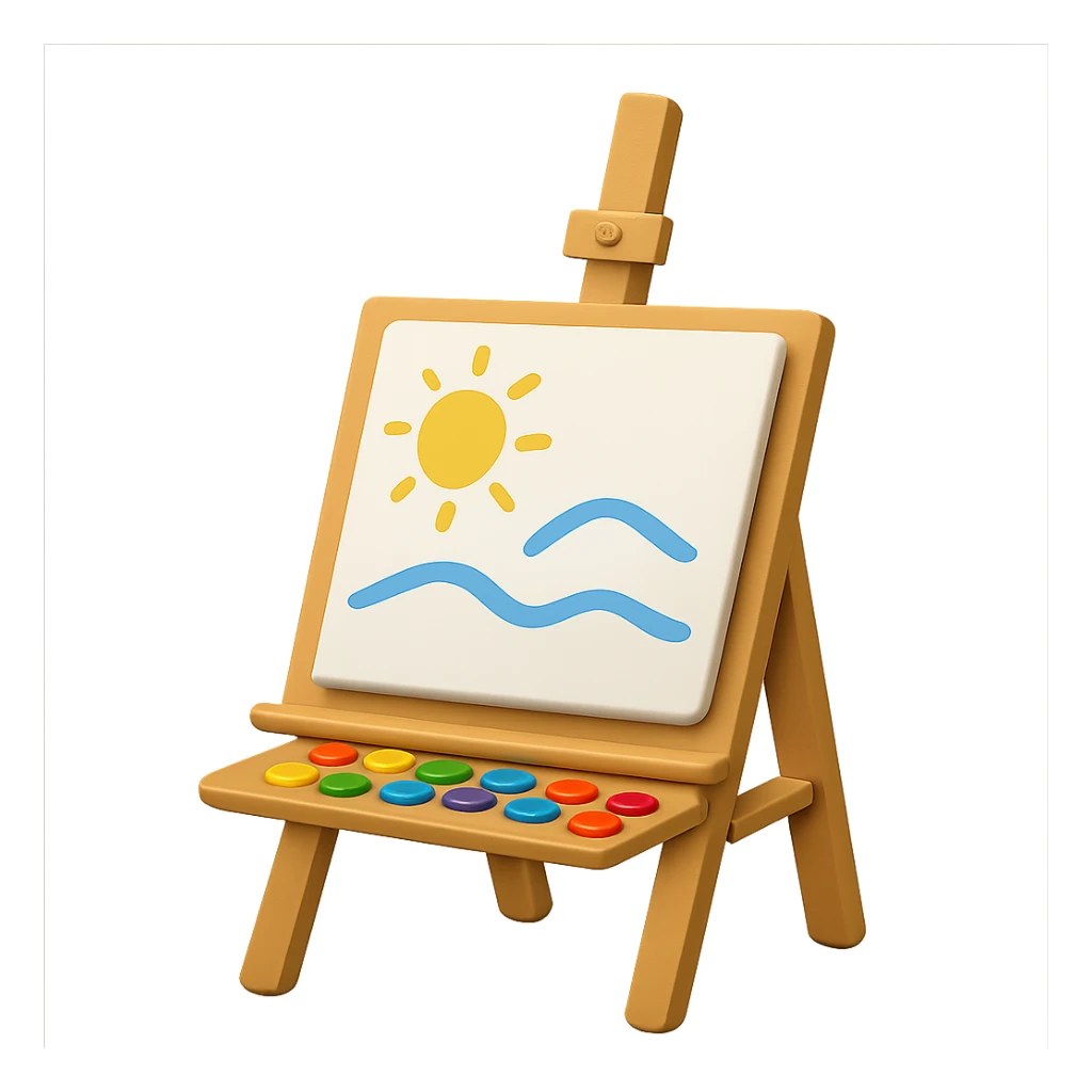 Remove the hand from the easel with canvas and paintbrush, keep the board and drawing, in emoji style, with no background. sticker