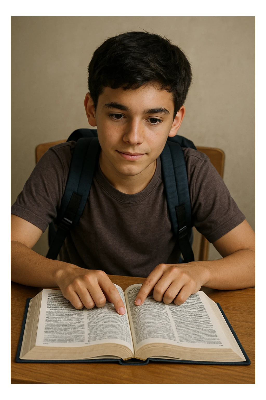 A student with a backpack, sitting at a desk, focused on an open English dictionary, hopeful expression, eager to improve, no speech bubbles or text sticker