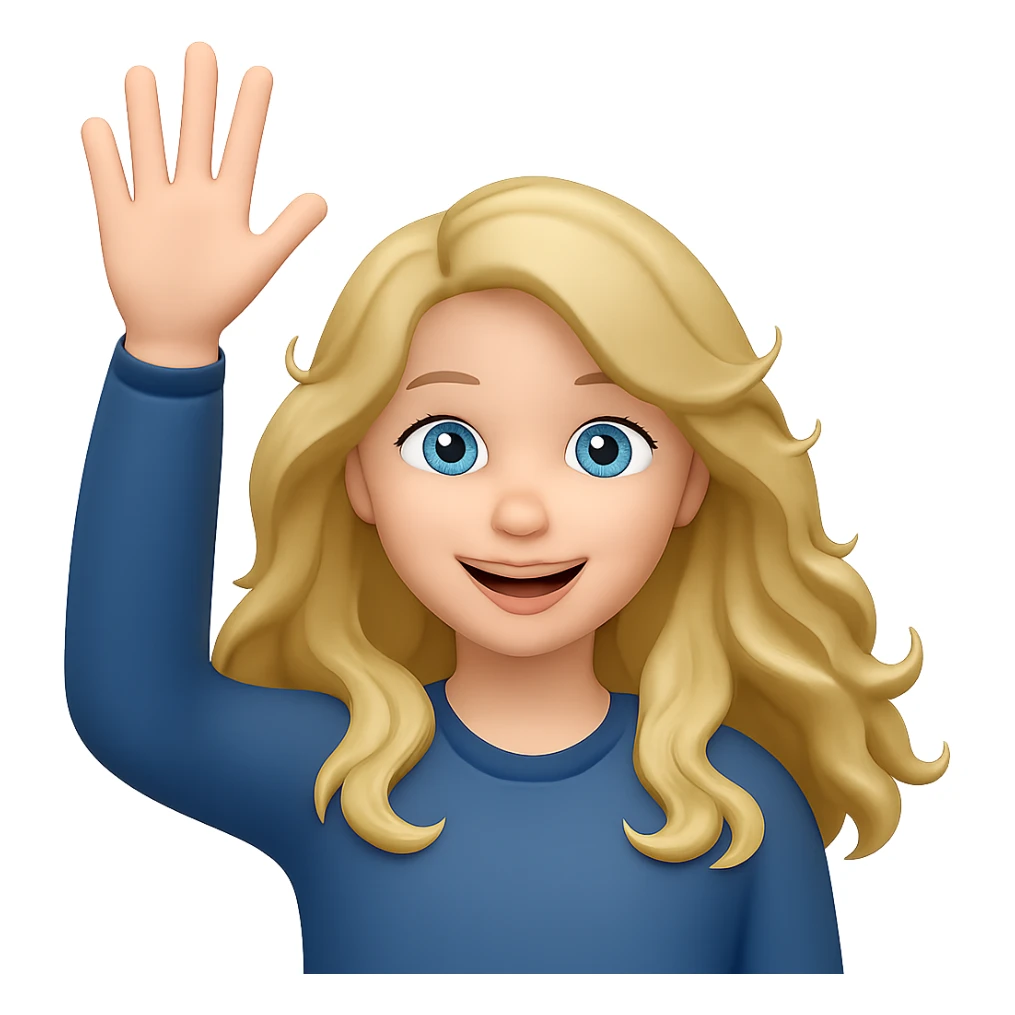 Make her eyes blue, keep her as an 18 year old girl with long, wavy, dirty blonde hair waving, emoji style, cheerful expression, with no background sticker