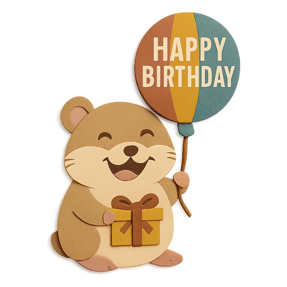 Add a ribbon to the gift box the hamster is holding, keep the happy expression and colorful balloon with 'Happy Birthday' text sticker
