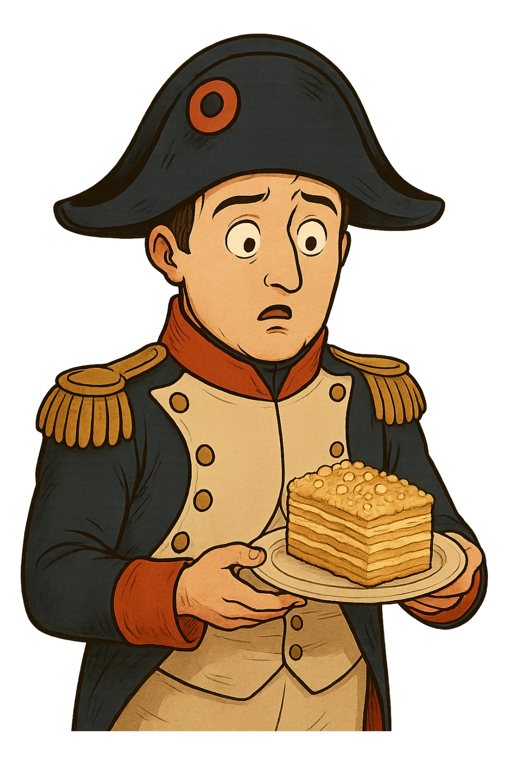 Используя такую стилистику сгенерируй Наполеона, который удивленно держит в руках тарелку с тортом Наполеон, прозрачный фон sticker