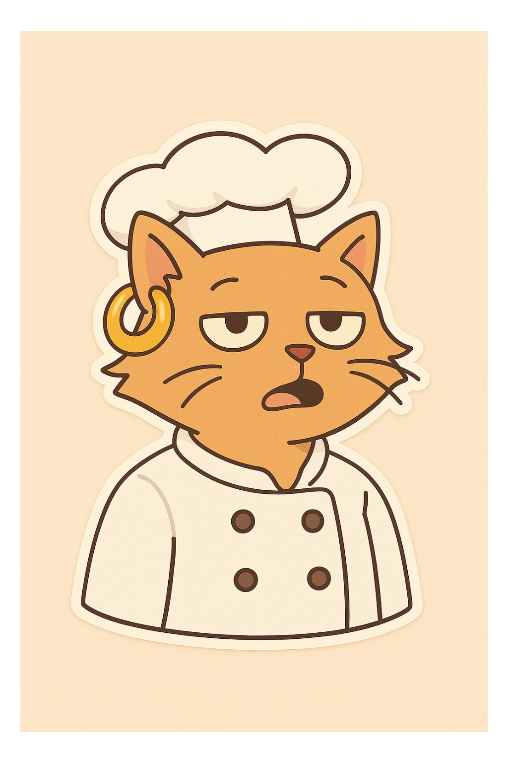 Make the chef cat's gold earring much bigger, keeping the same chibi stickers cartoon style and background as is. sticker