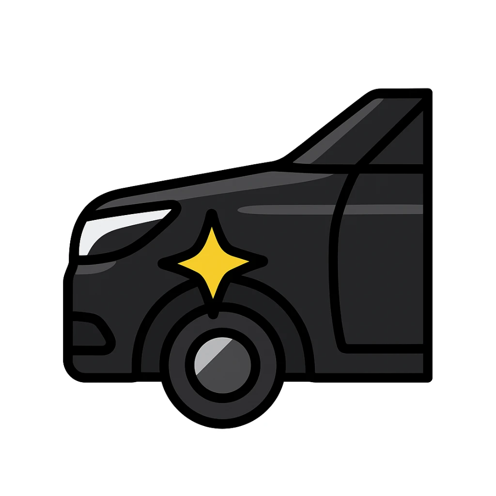 small bright silver or gold star on the glossy black surface of a high-end car, main color glossy black, subtle reflections, emphasis on mirror-like shine, modern and clean, not overloaded sticker